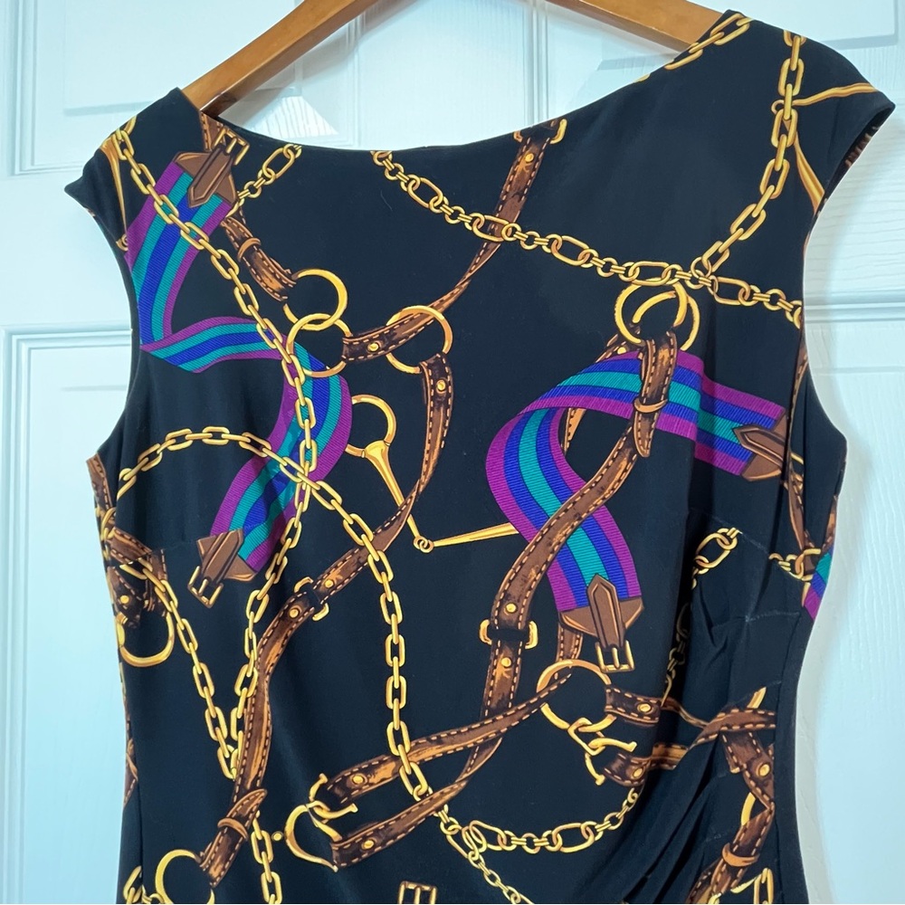 Lauren Ralph Lauren Black Sheath Dress with Gold and Blue Chain Print Size 12 - Picture 3 of 9